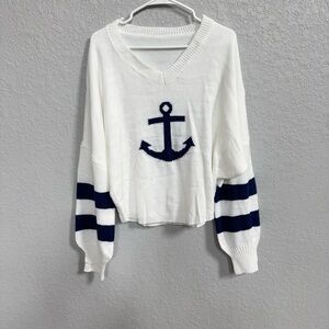 Nautical White Sweater with Navy Anchor Design size medium